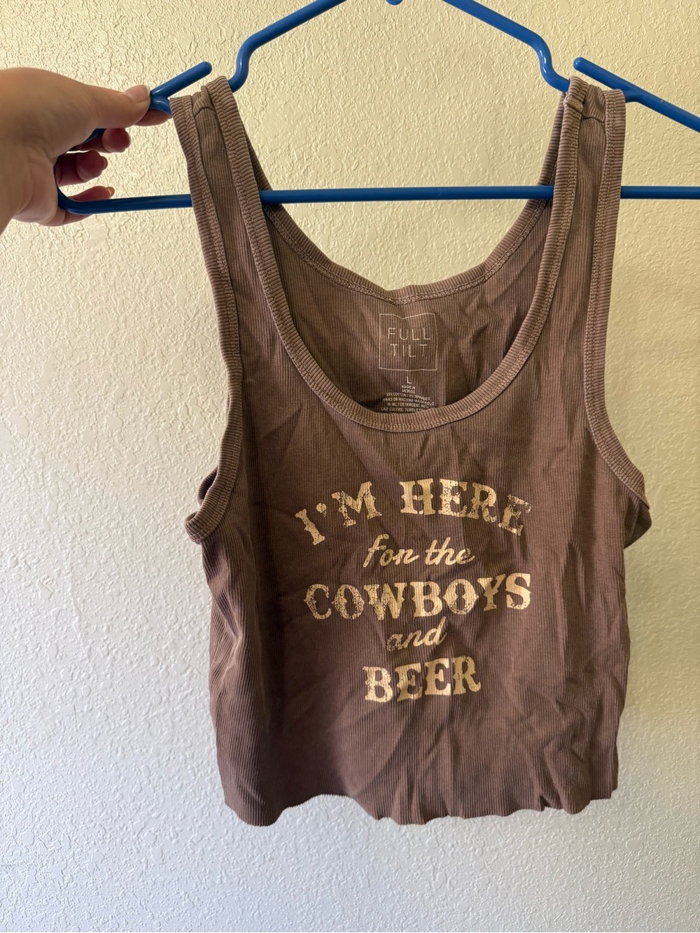 Full Tilt Brown Ribbed Graphic Crop Tank with Cream Text